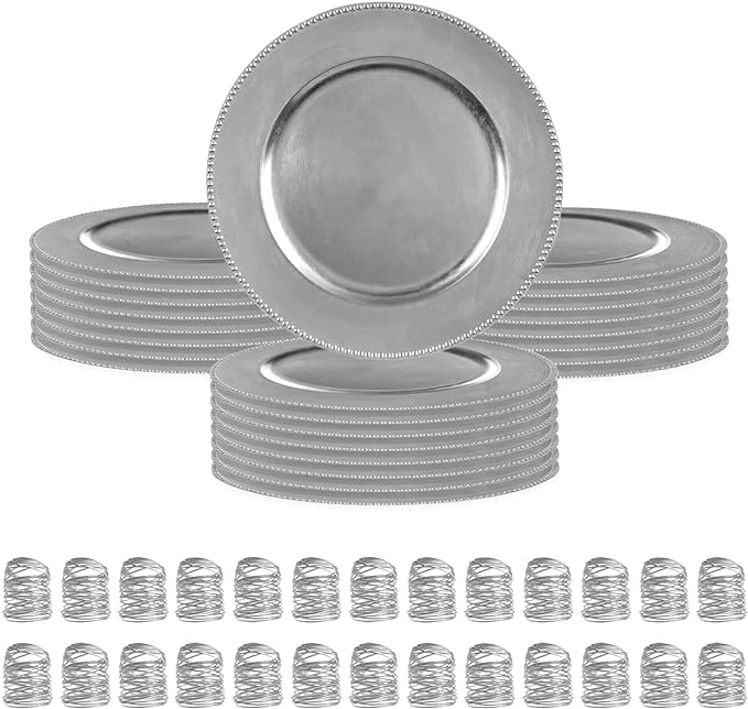 48 Pack Silver Beaded Charger Plates ( 24 Pcs) and Napkin Ring (24 Pcs) set - MyEventProducts.com
