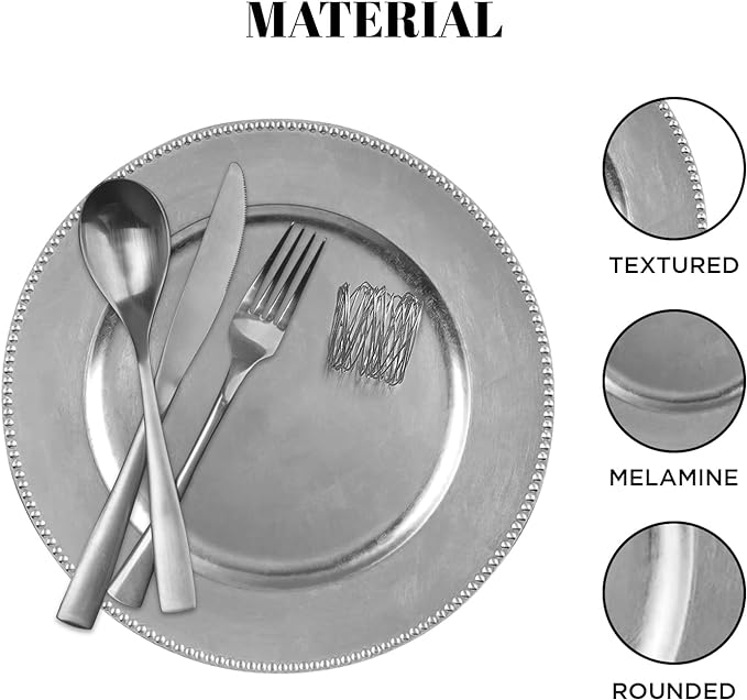 48 Pack Silver Beaded Charger Plates ( 24 Pcs) and Napkin Ring (24 Pcs) set - MyEventProducts.com