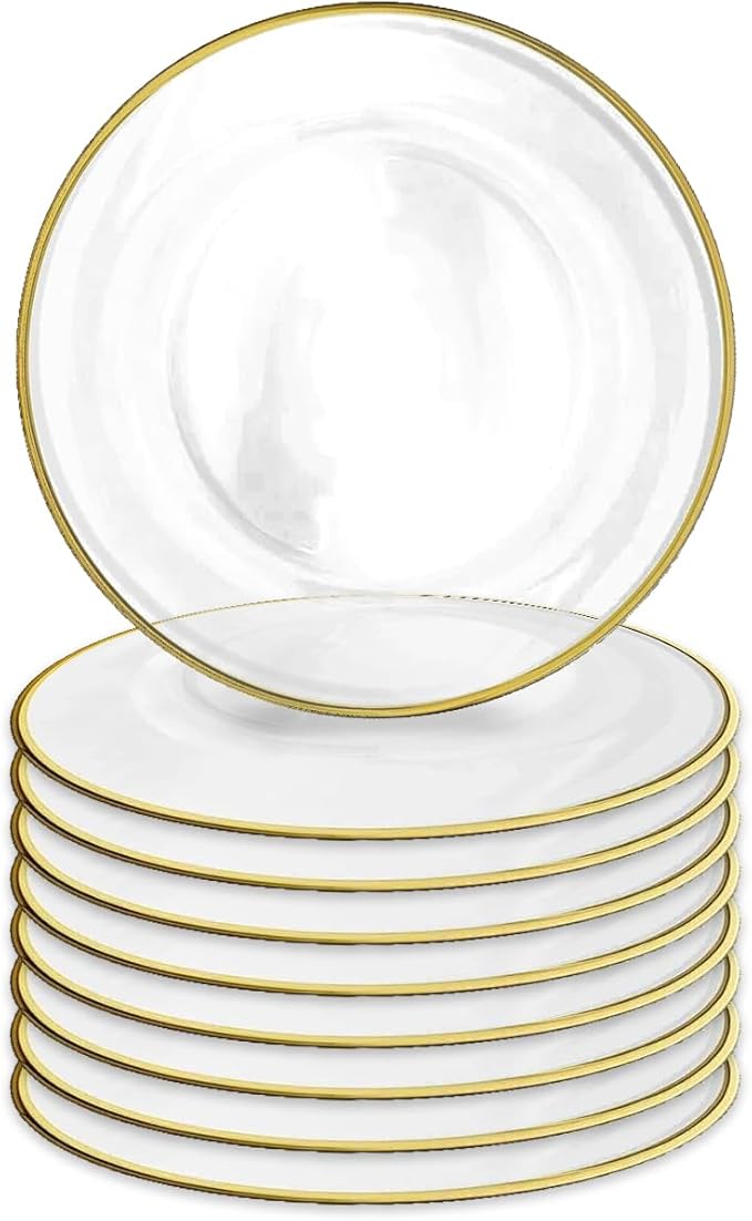 8 Pack | Gold Rimmed Clear Glass Charger Plate 13" - MyEventProducts.com