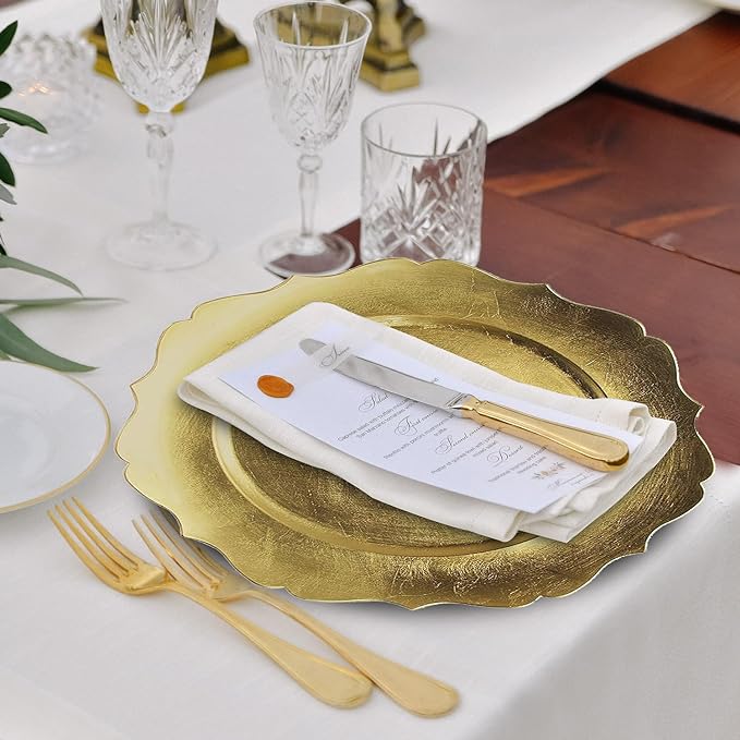 24 Pack | Gold Scalloped Plastic Charger Plates - MyEventProducts.com