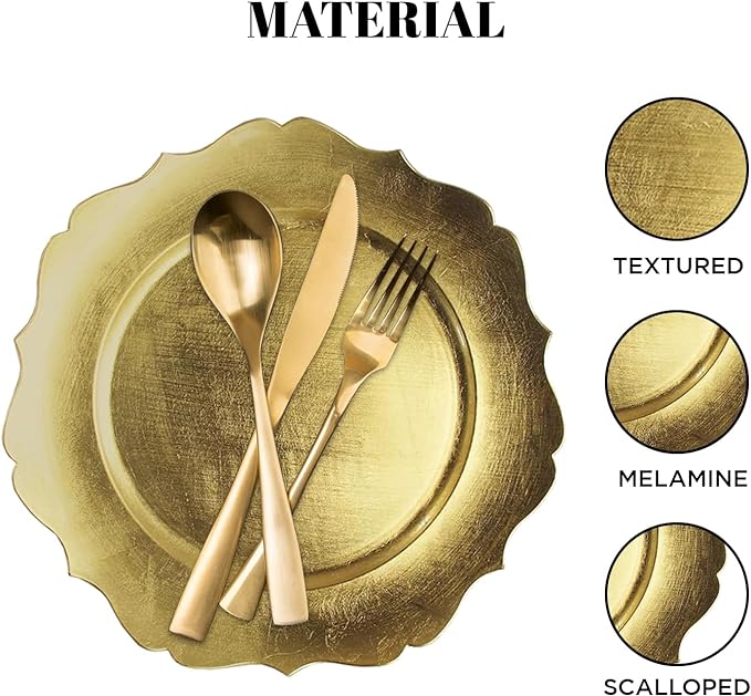 24 Pack | Gold Scalloped Plastic Charger Plates - MyEventProducts.com