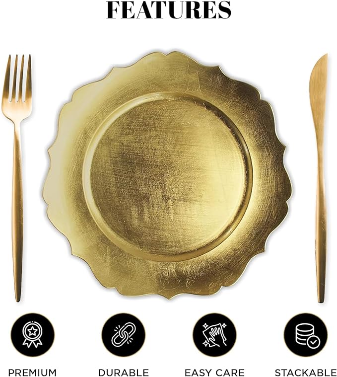 24 Pack | Gold Scalloped Plastic Charger Plates - MyEventProducts.com