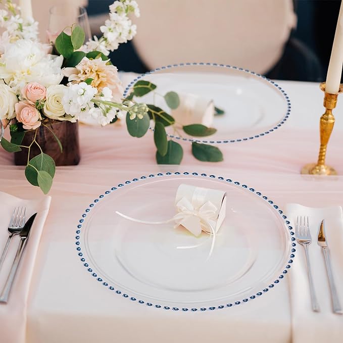 8 Pack | Blue Beaded Clear Glass Charger Plates - MyEventProducts.com