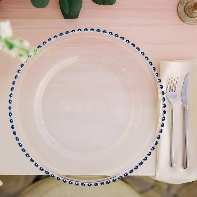 8 Pack | Blue Beaded Clear Glass Charger Plates - MyEventProducts.com