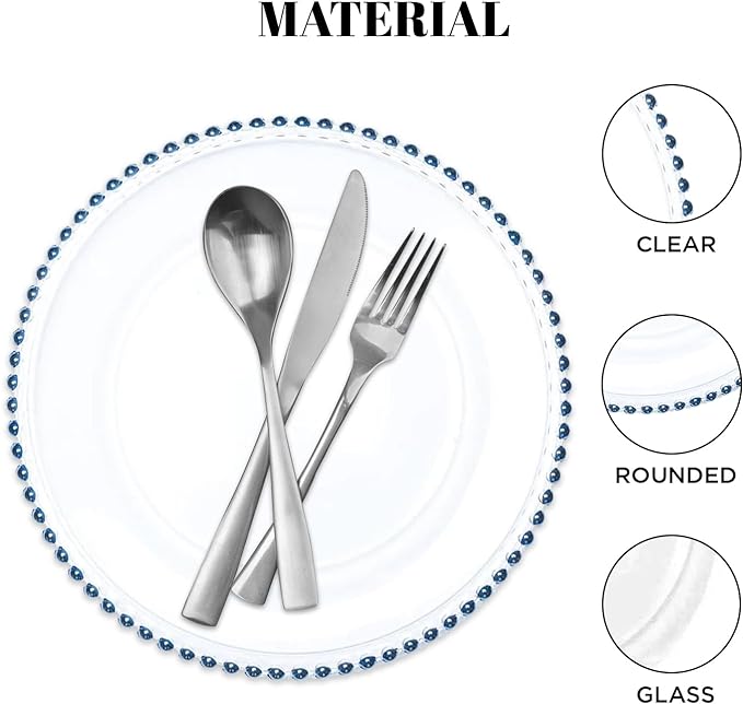 8 Pack | Blue Beaded Clear Glass Charger Plates - MyEventProducts.com