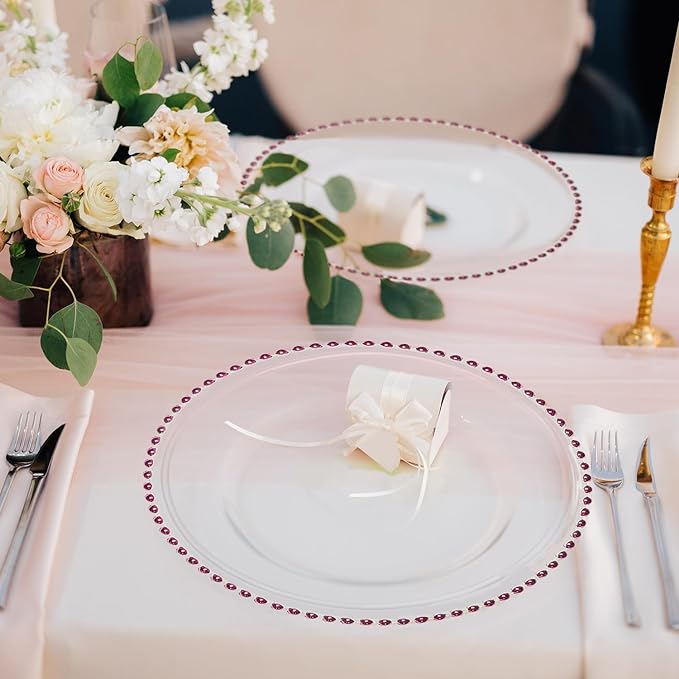 8 Pack | Red Beaded Clear Glass Charger Plates - MyEventProducts.com