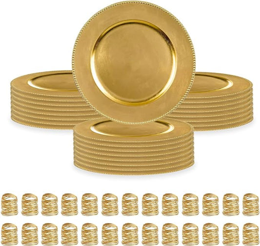 48 Pack Gold Beaded Charger Plates ( 24 Pcs) and Napkin Ring (24 Pcs) set - MyEventProducts.com