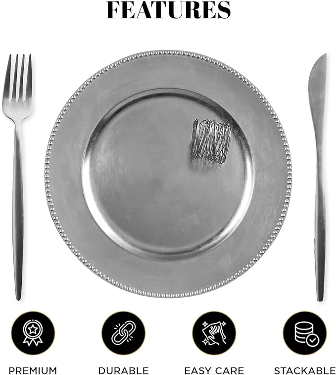 48 Pack Silver Beaded Charger Plates ( 24 Pcs) and Napkin Ring (24 Pcs) set - MyEventProducts.com