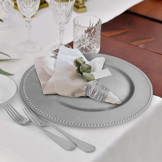 48 Pack Silver Beaded Charger Plates ( 24 Pcs) and Napkin Ring (24 Pcs) set - MyEventProducts.com