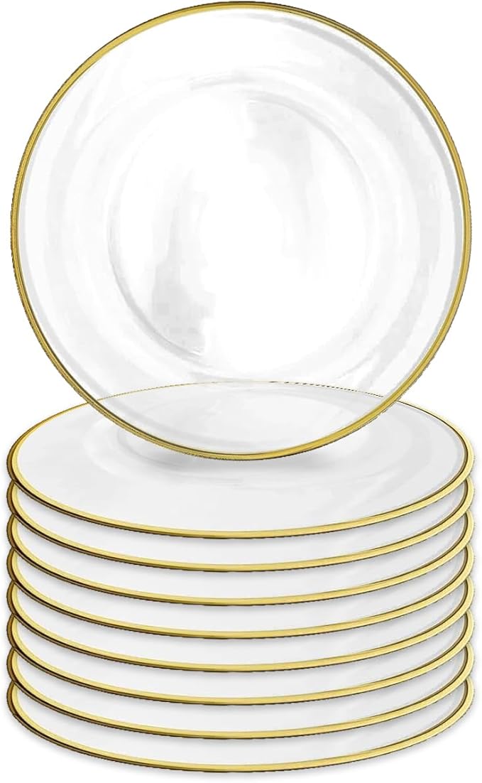 8 Pack | Gold Rimmed Clear Glass Charger Plate 13" - MyEventProducts.com