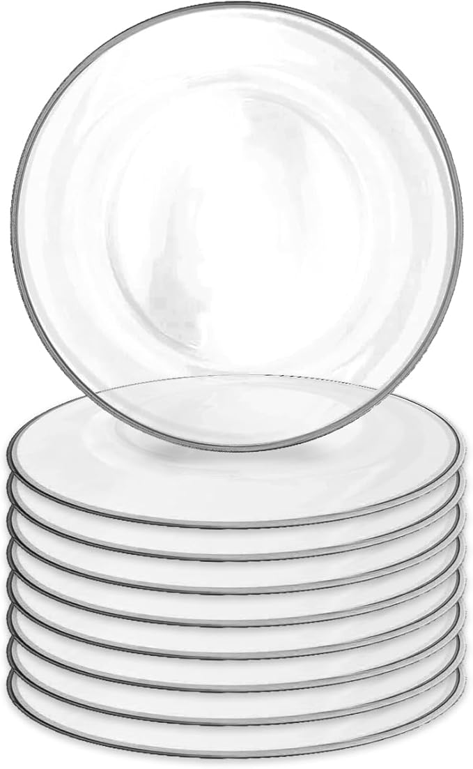 8 Pack | Silver Rimmed Clear Glass Charger Plate 13" - MyEventProducts.com