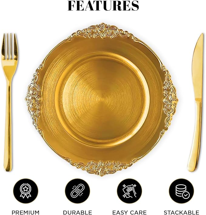 24 Pack | Gold Antique Plastic Charger Plate - MyEventProducts.com