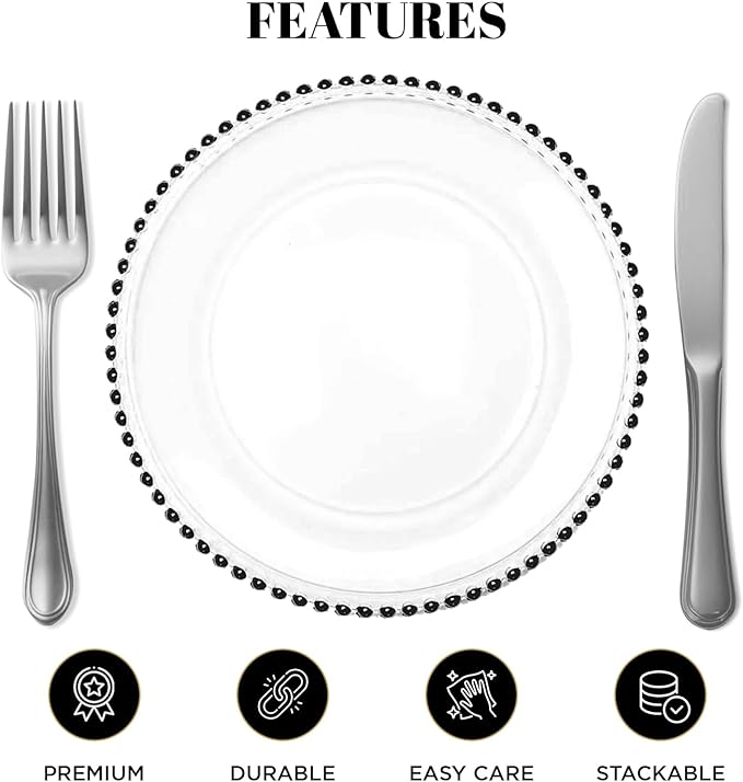8 Pack | Black Beaded Glass Charger Plates - MyEventProducts.com