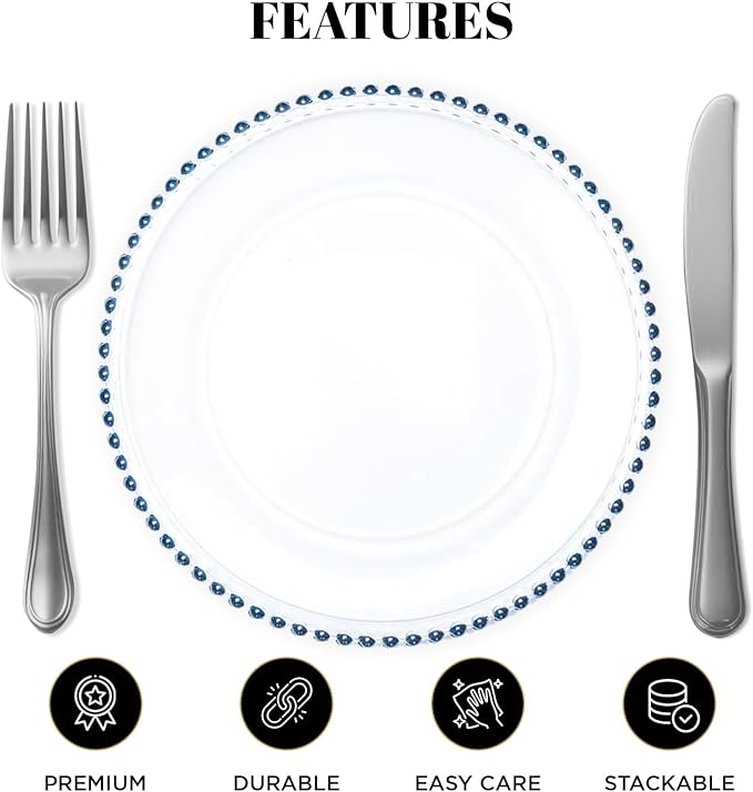 8 Pack | Blue Beaded Clear Glass Charger Plates - MyEventProducts.com