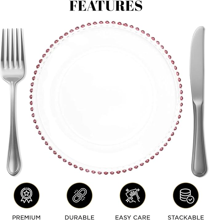 8 Pack | Red Beaded Clear Glass Charger Plates - MyEventProducts.com